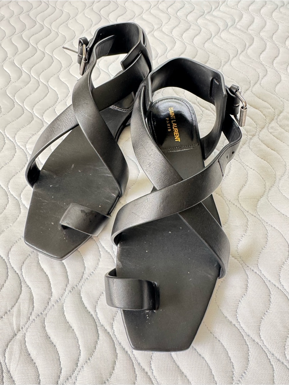 Saint Laurent Black Leather Toe Loop Ankle Strap Sandals EU 36 w/ Box